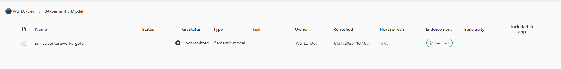 WS_LC-Dev folder 04-Semantic Model — sm_adventureworks_gold with Certified badge in Endorsement column, owner WS_LC-Dev, refreshed 6/21/2026 10:46